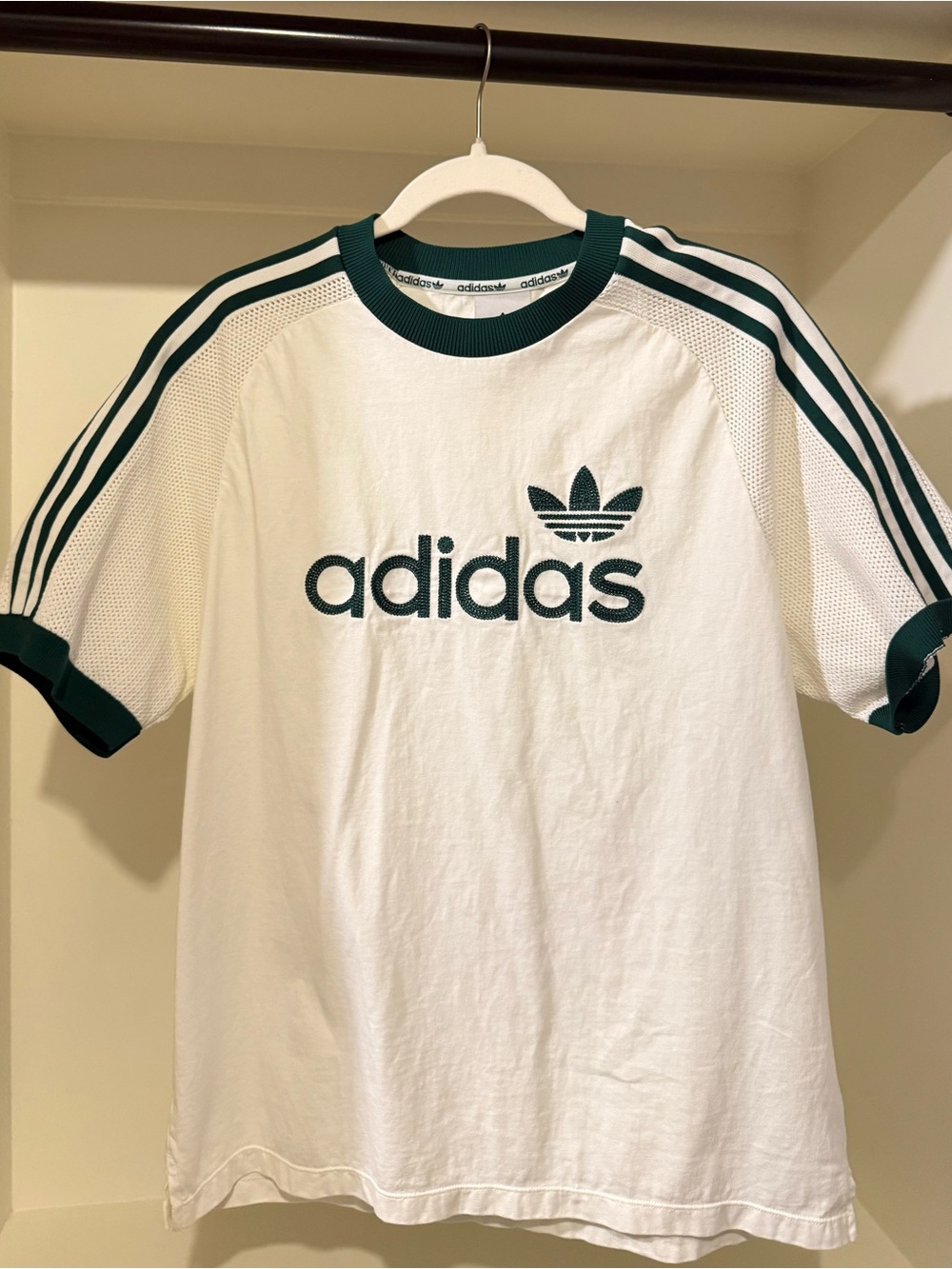 Adidas White Tee with Dark Green Stripe Accents and Knit Sleeves